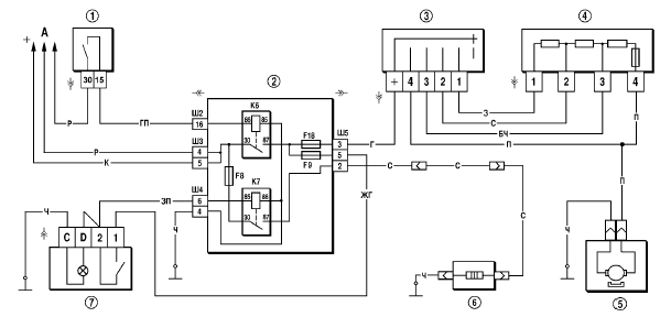 Рис. 7-34. Схема включения электродвигателя вентилятора отопителя и элемента