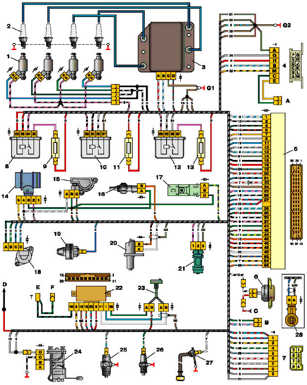Схема соединений системы управления двигателем 2111 с распределенным впрыском