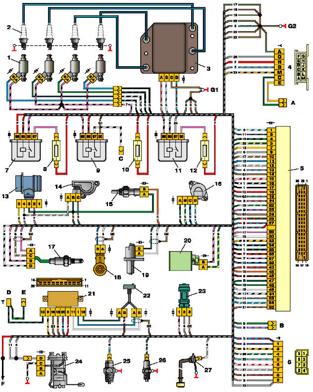 Схема соединений системы управления двигателем 2111 с распределенным впрыском