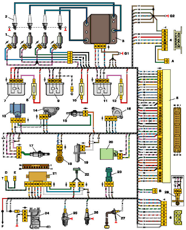 Схема соединений системы управления двигателями 2111 и 2112 с распределенным