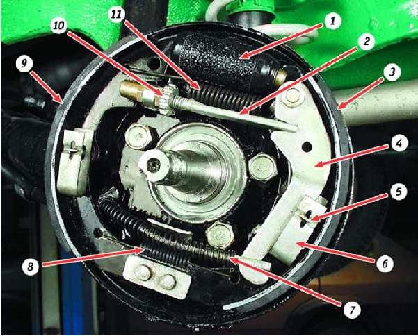 Тормозной механизм заднего левого колеса (тормозной барабан снят):
